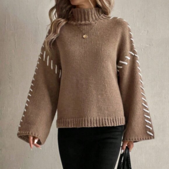 Brown Casual Women's Contrast Color Patchwork Turtleneck Knitted Sweater - Picture 1 of 6